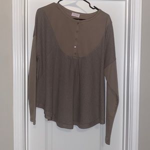 Brown Long Sleeve partial waffle texture shirt size Large